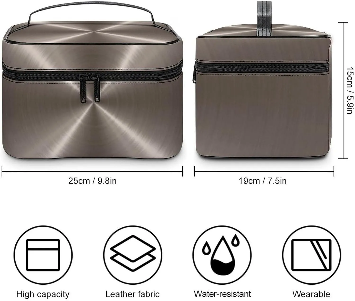 Portable Travel Makeup Bag, Bronze Steel Metal Cosmetic Case Zipper Toiletry Bag for Women Girls