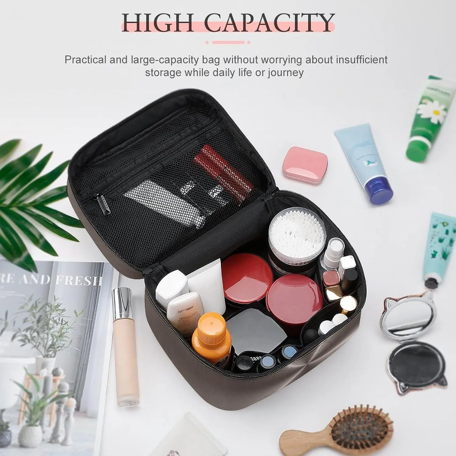 Portable Travel Makeup Bag, Bronze Steel Metal Cosmetic Case Zipper Toiletry Bag for Women Girls