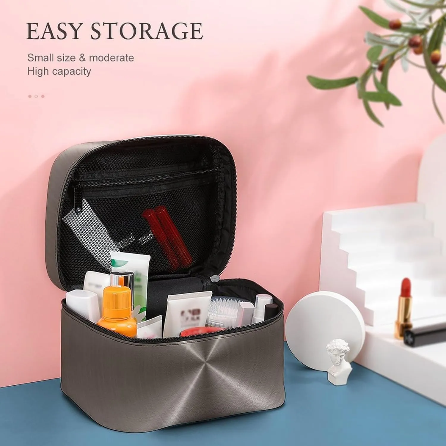 Portable Travel Makeup Bag, Bronze Steel Metal Cosmetic Case Zipper Toiletry Bag for Women Girls