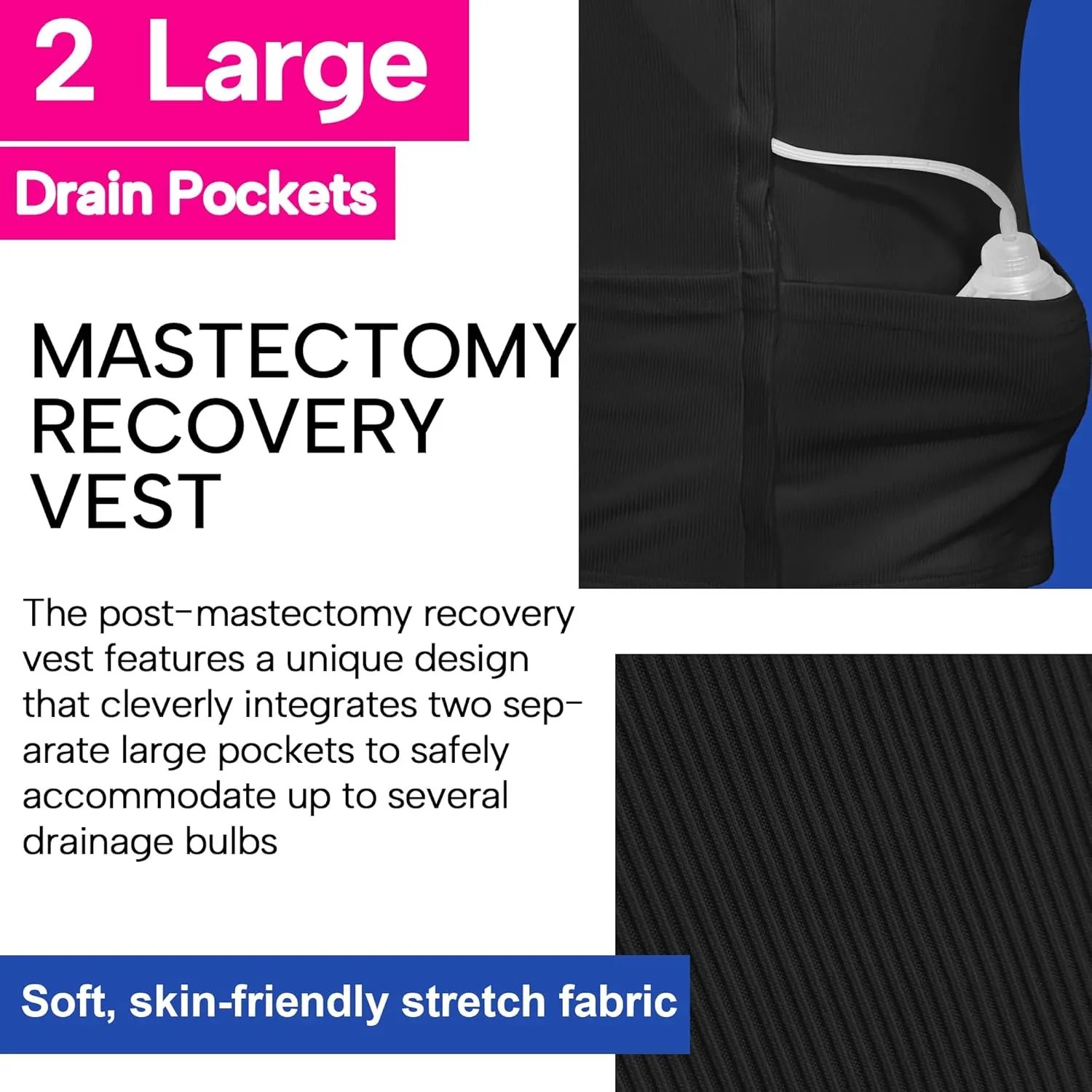 Post Mastectomy Shirts with Drain Pockets Breast Surgery Mastectomy Camisole Top with Hook and Loop Closure