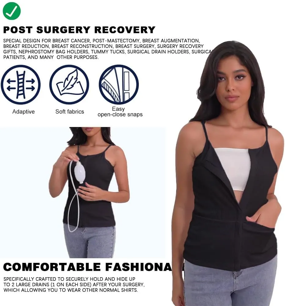 Post Mastectomy Shirts with Drain Pockets Breast Surgery Mastectomy Camisole Top with Hook and Loop Closure