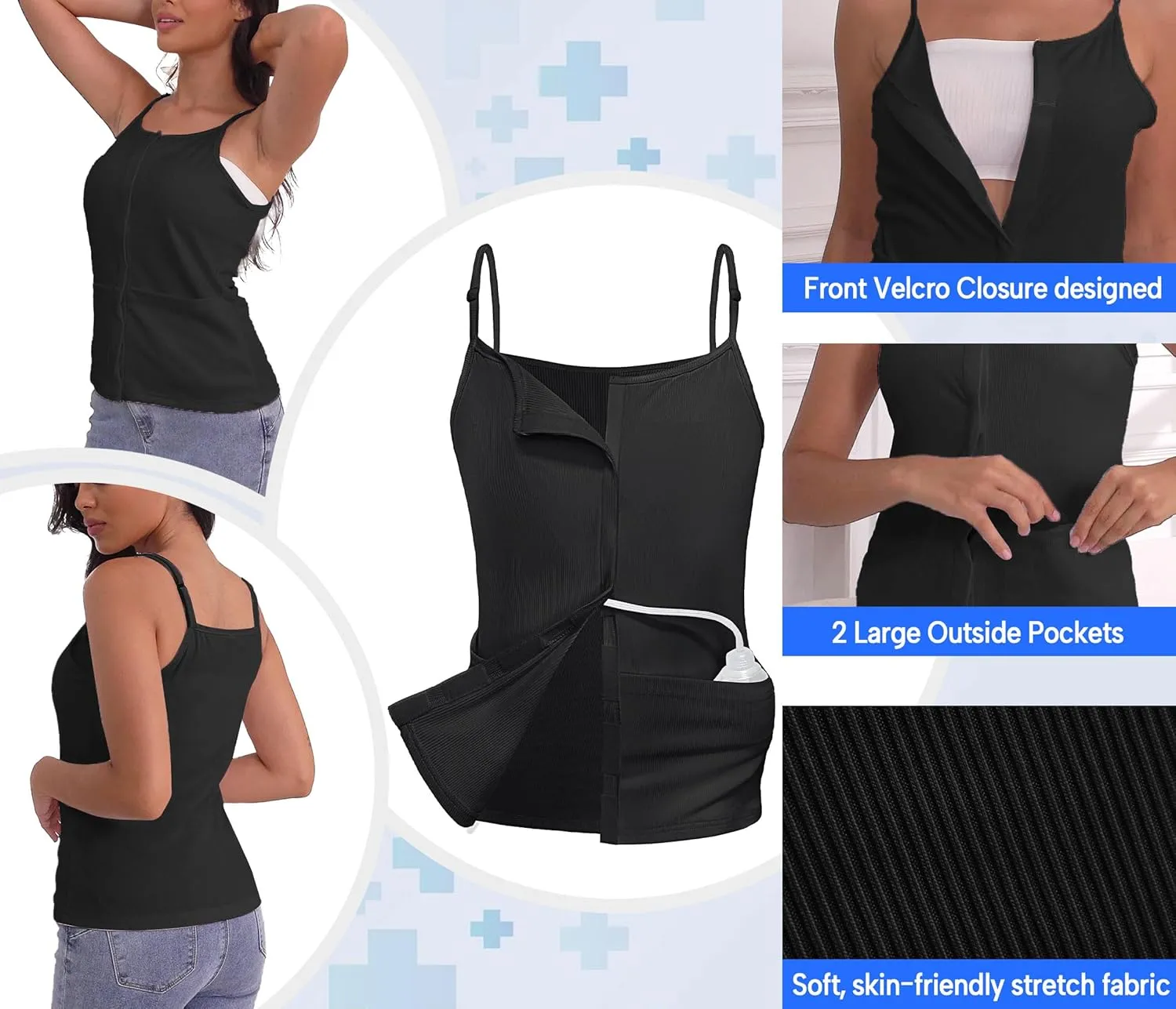Post Mastectomy Shirts with Drain Pockets Breast Surgery Mastectomy Camisole Top with Hook and Loop Closure