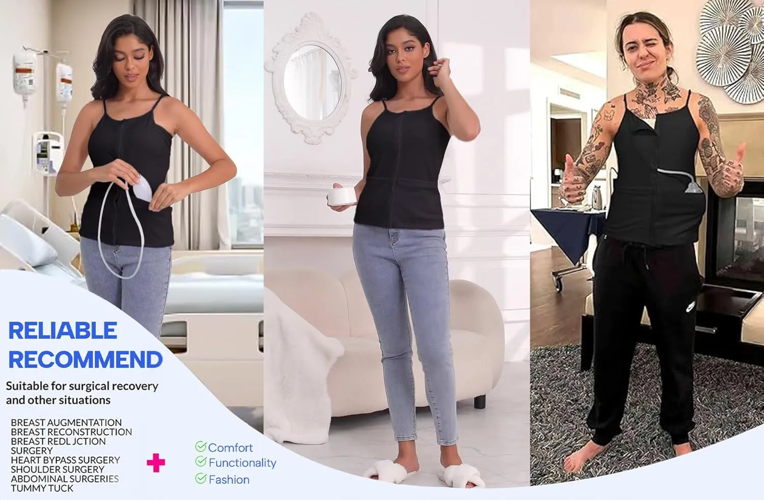 Post Mastectomy Shirts with Drain Pockets Breast Surgery Mastectomy Camisole Top with Hook and Loop Closure