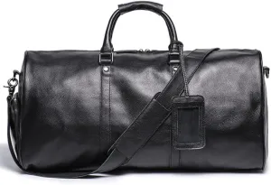 Premium Leather Duffle Bag, Travel Weekender with Shoulder Strap, Large Capacity Gym Bag, Black