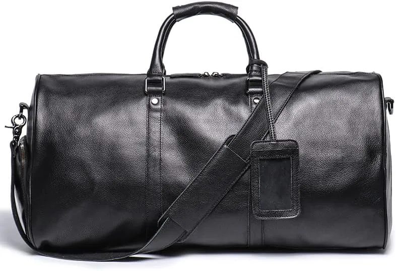 Premium Leather Duffle Bag, Travel Weekender with Shoulder Strap, Large Capacity Gym Bag, Black