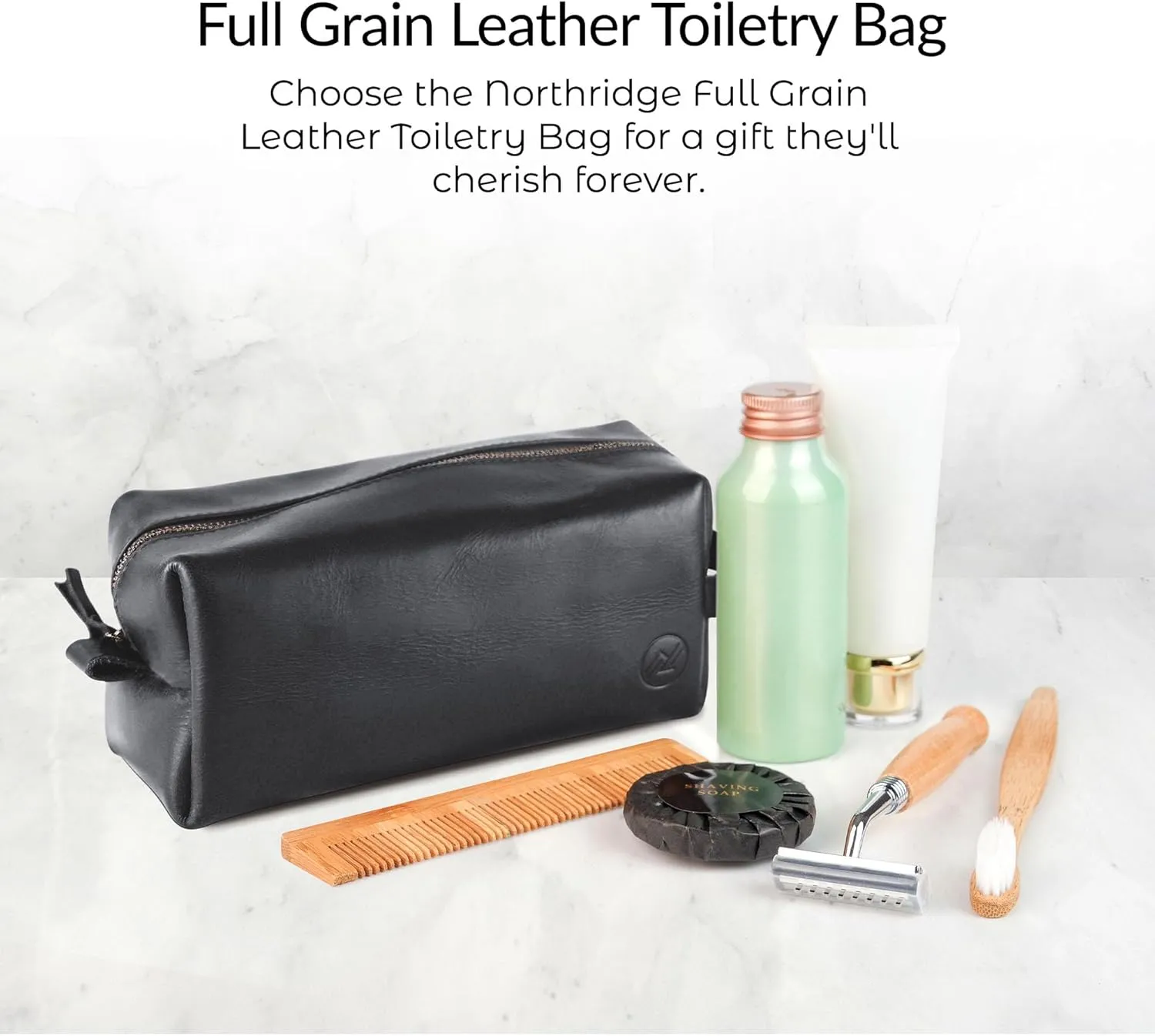 Premium Leather Toiletry Bag For Men - Travel Bag, Shaving Kit Bag & Toiletry Organizer - Full Grain Leather (Single Zip, Brown)