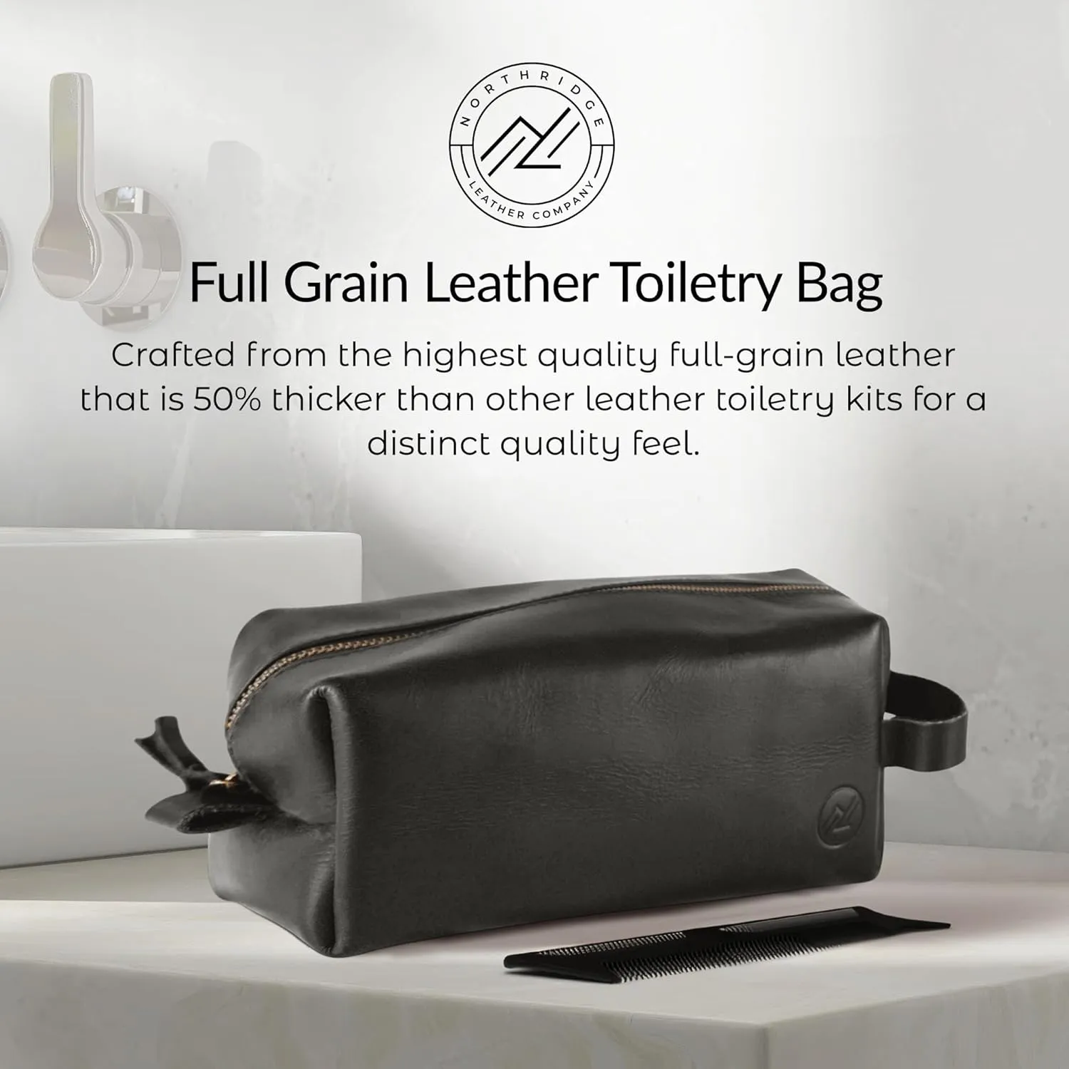 Premium Leather Toiletry Bag For Men - Travel Bag, Shaving Kit Bag & Toiletry Organizer - Full Grain Leather (Single Zip, Brown)