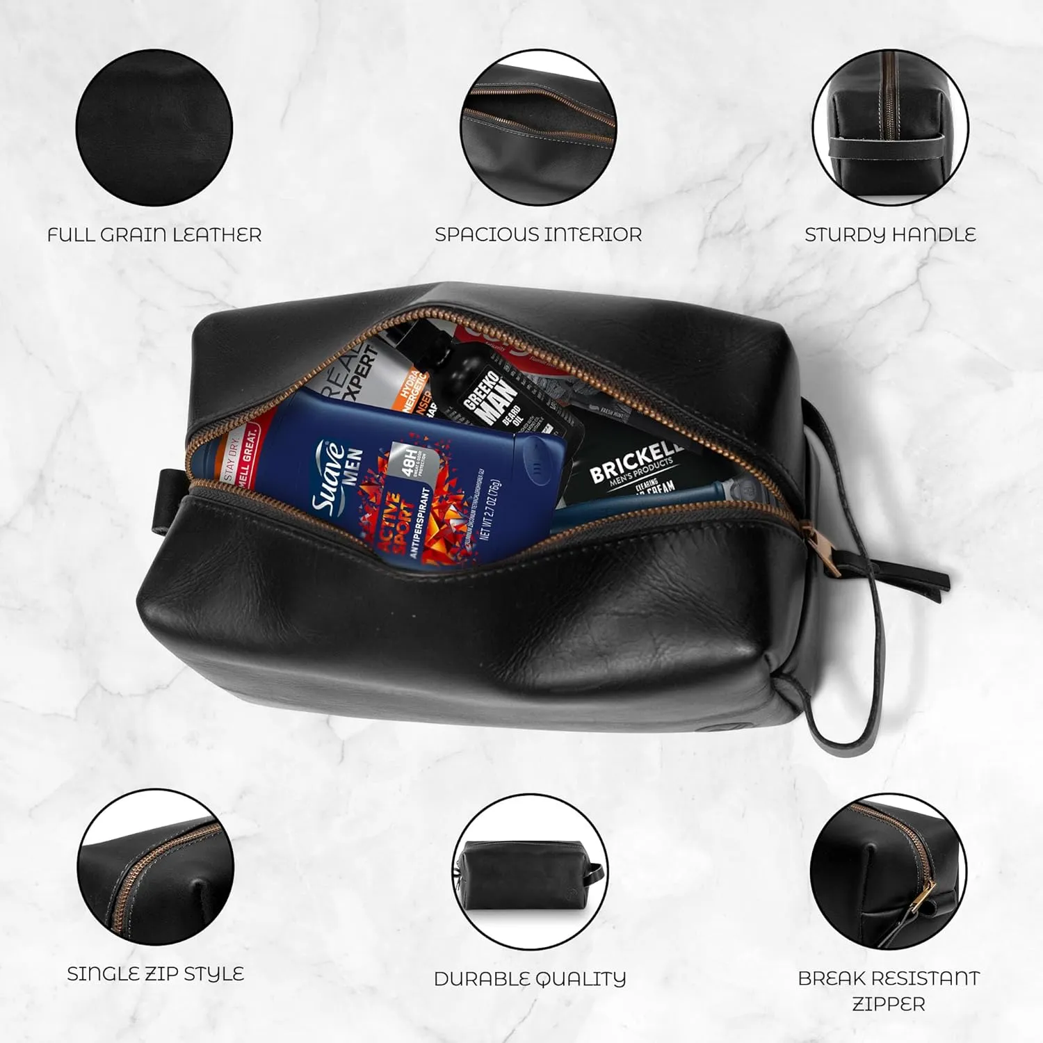 Premium Leather Toiletry Bag For Men - Travel Bag, Shaving Kit Bag & Toiletry Organizer - Full Grain Leather (Single Zip, Brown)