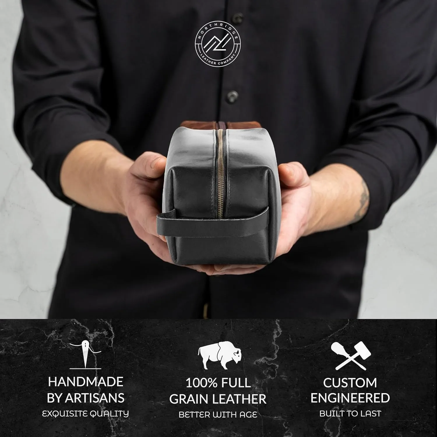 Premium Leather Toiletry Bag For Men - Travel Bag, Shaving Kit Bag & Toiletry Organizer - Full Grain Leather (Single Zip, Brown)