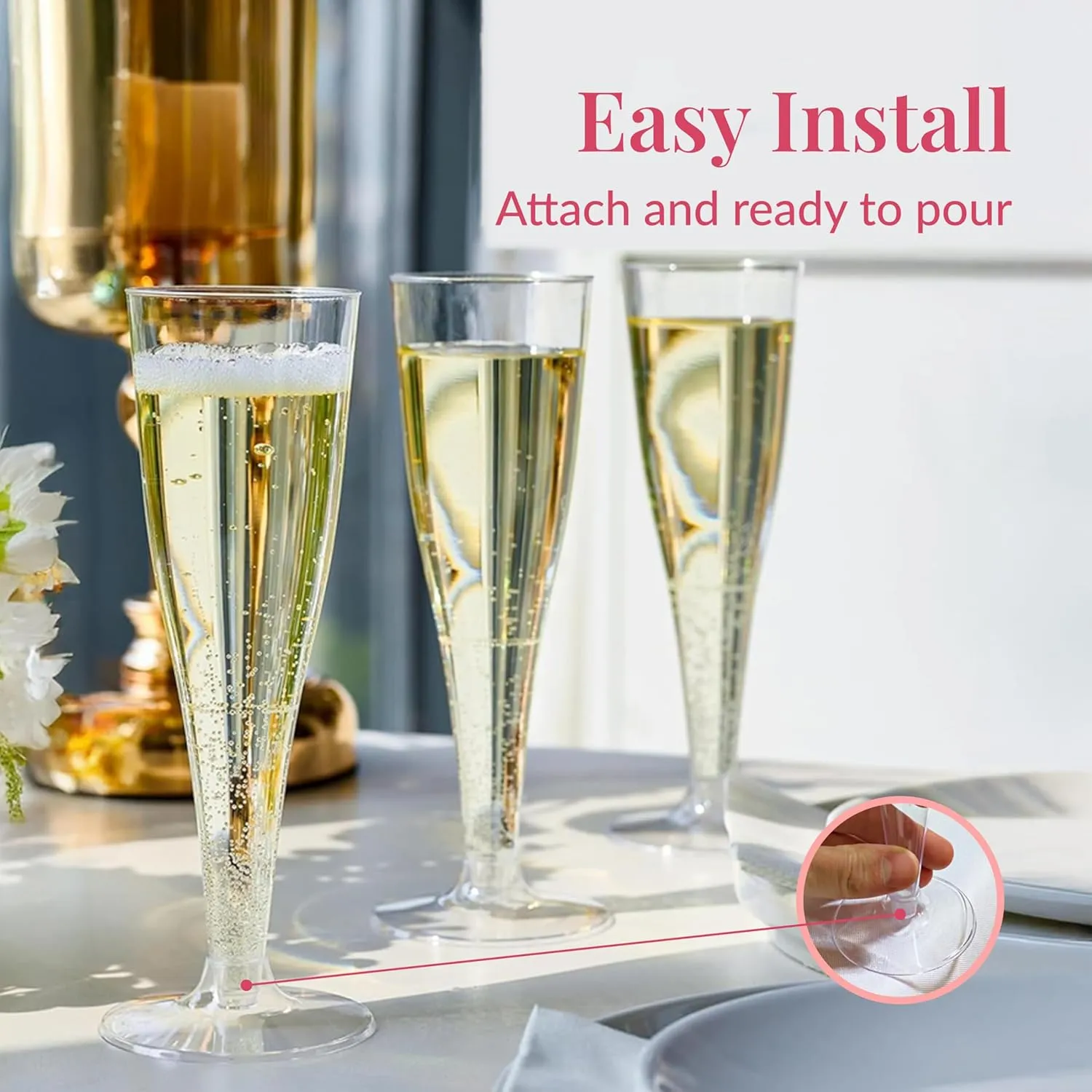 Prestee 100 Pack Clear Plastic Champagne Flutes - 4.5 oz Durable Disposable Champagne Glasses for Parties, Weddings, Toasting and Large Celebrations - Elegant Wine Glasses Stemware for Easy Cleanup