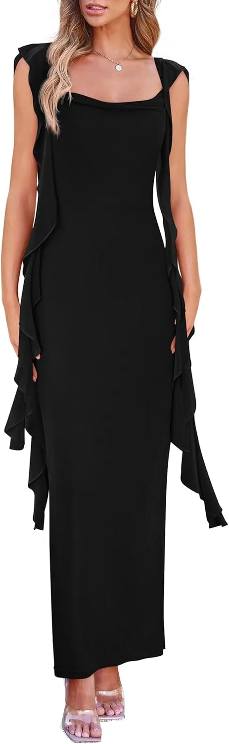 PRETTYGARDEN Women's 2025 Summer Wedding Guest Dress Sleeveless Ruffle Formal Cocktail Party Maxi Bodycon Dresses