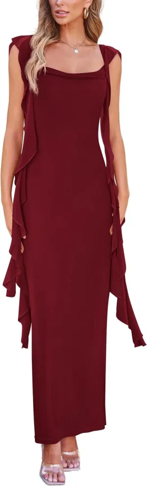 PRETTYGARDEN Women's 2025 Summer Wedding Guest Dress Sleeveless Ruffle Formal Cocktail Party Maxi Bodycon Dresses