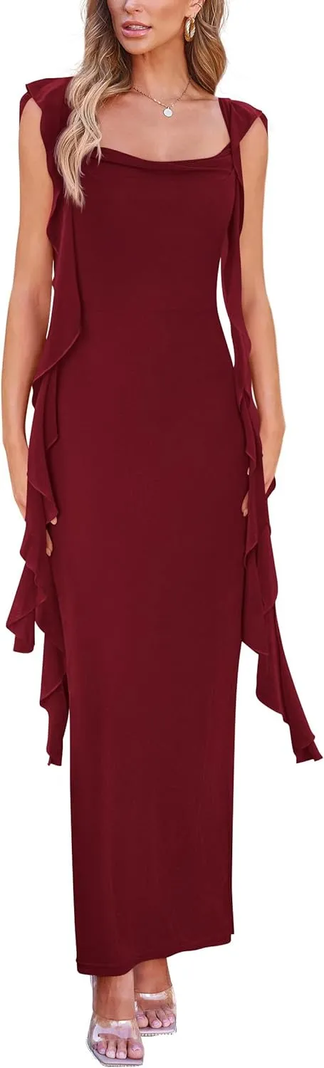 PRETTYGARDEN Women's 2025 Summer Wedding Guest Dress Sleeveless Ruffle Formal Cocktail Party Maxi Bodycon Dresses