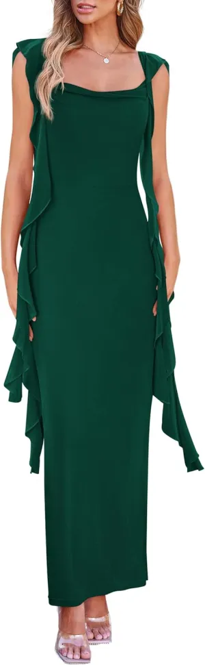 PRETTYGARDEN Women's 2025 Summer Wedding Guest Dress Sleeveless Ruffle Formal Cocktail Party Maxi Bodycon Dresses