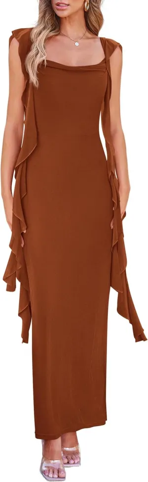 PRETTYGARDEN Women's 2025 Summer Wedding Guest Dress Sleeveless Ruffle Formal Cocktail Party Maxi Bodycon Dresses