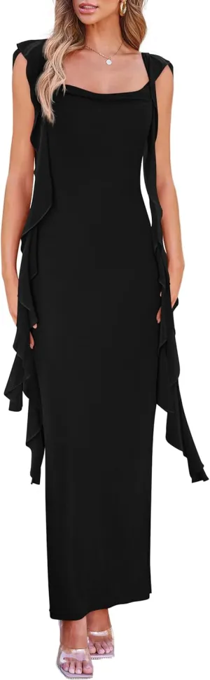 PRETTYGARDEN Women's 2025 Summer Wedding Guest Dress Sleeveless Ruffle Formal Cocktail Party Maxi Bodycon Dresses