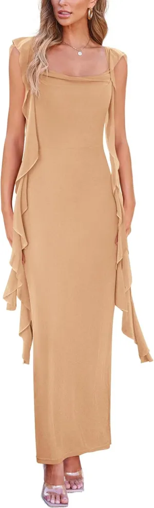 PRETTYGARDEN Women's 2025 Summer Wedding Guest Dress Sleeveless Ruffle Formal Cocktail Party Maxi Bodycon Dresses