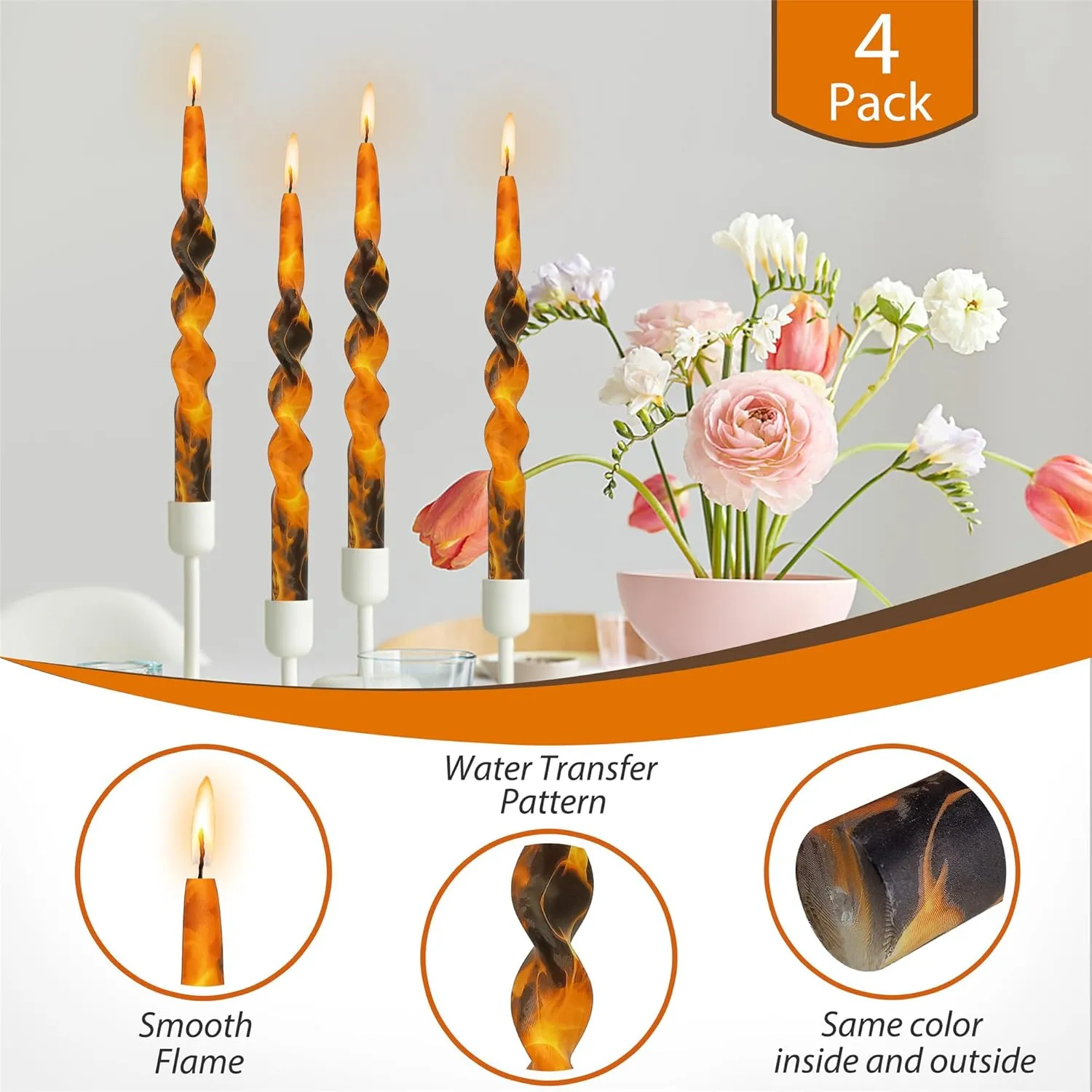 Print Candlesticks Floral Taper Candles - 4pcs Flame Handmade Twisted Candlestick 10 Inch Long Candle Sticks Swirl Tapered Candles for Home Holiday Wedding Dinner (1D4T-FLM)