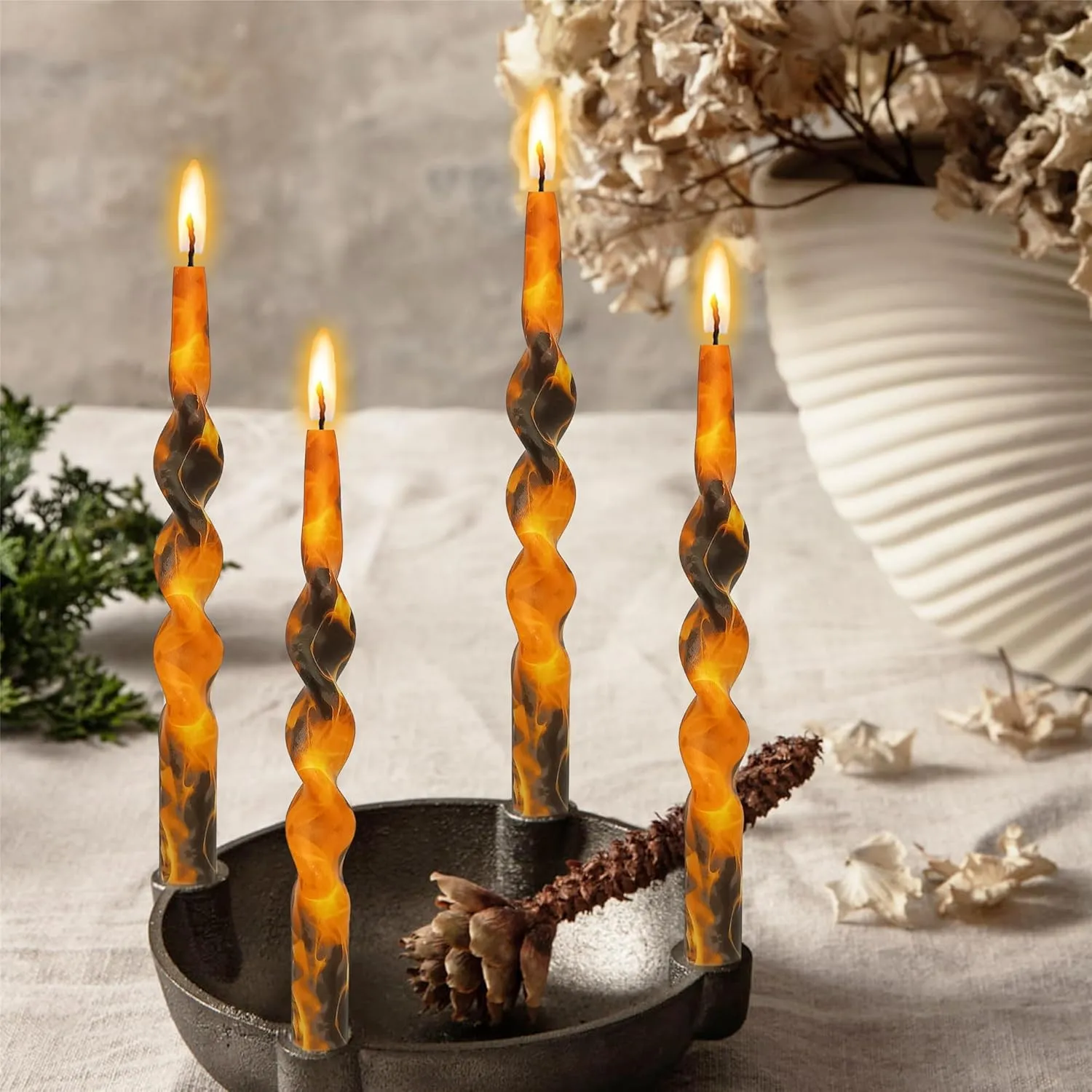 Print Candlesticks Floral Taper Candles - 4pcs Flame Handmade Twisted Candlestick 10 Inch Long Candle Sticks Swirl Tapered Candles for Home Holiday Wedding Dinner (1D4T-FLM)