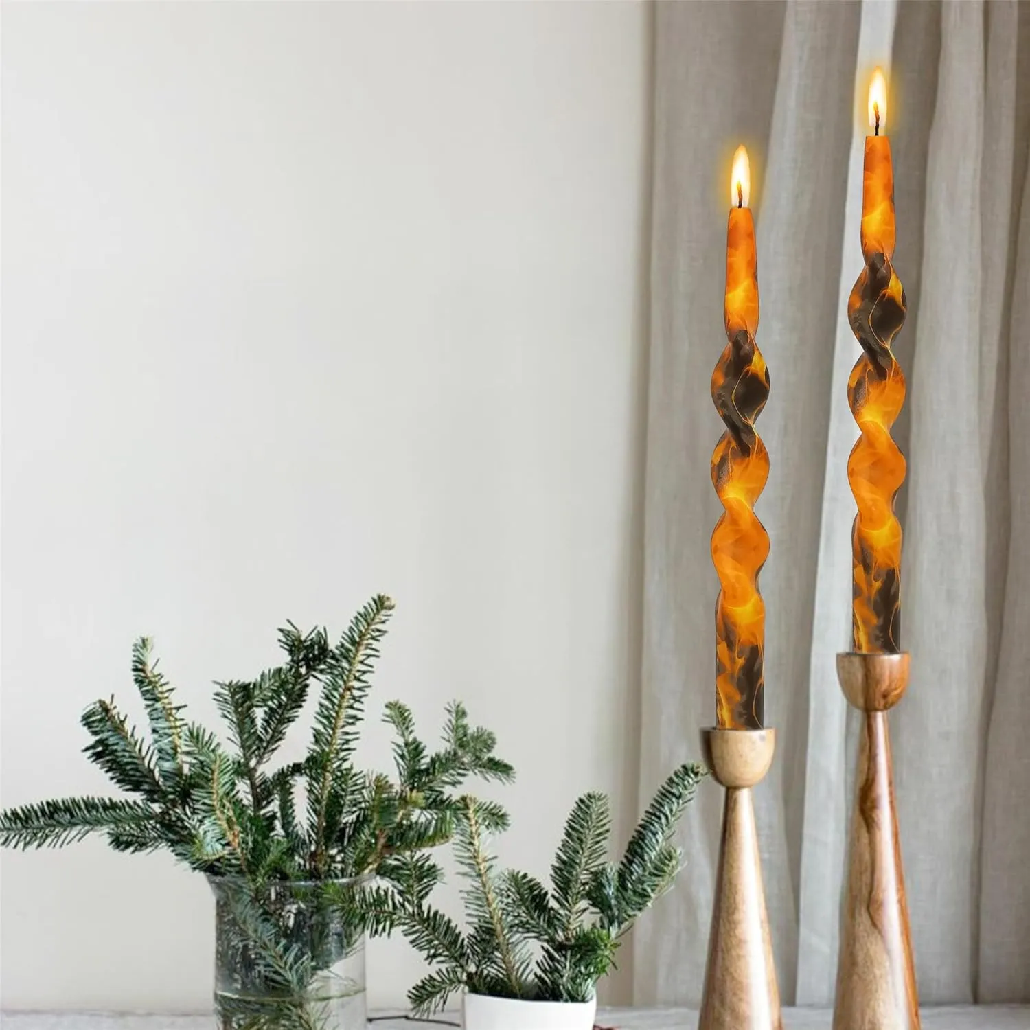 Print Candlesticks Floral Taper Candles - 4pcs Flame Handmade Twisted Candlestick 10 Inch Long Candle Sticks Swirl Tapered Candles for Home Holiday Wedding Dinner (1D4T-FLM)