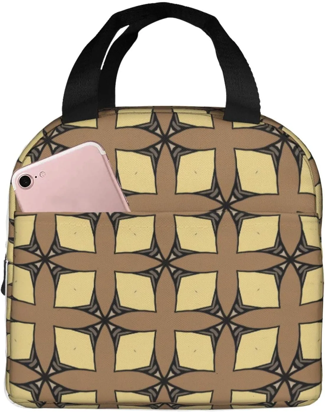 Prism Shaped Yellow Leaf Vein Pattern Lunch Bag, Large Capacity Reusable Insulated Cooler Lunch Container For Work Office Picnic Or Travel