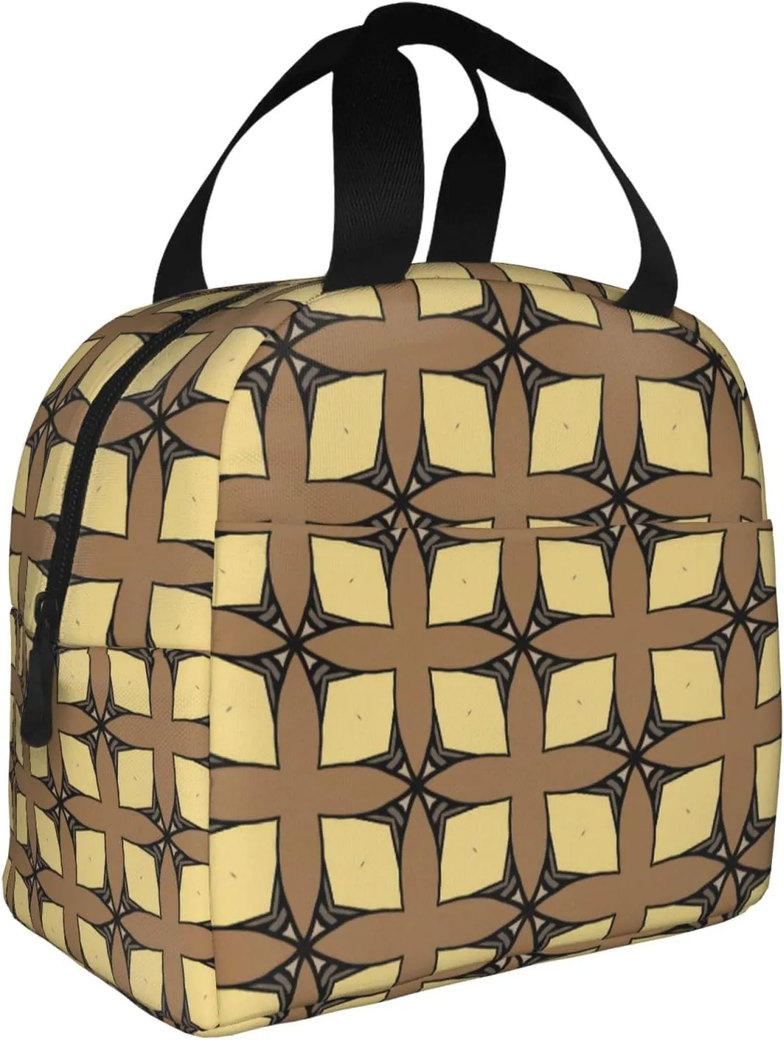 Prism Shaped Yellow Leaf Vein Pattern Lunch Bag, Large Capacity Reusable Insulated Cooler Lunch Container For Work Office Picnic Or Travel
