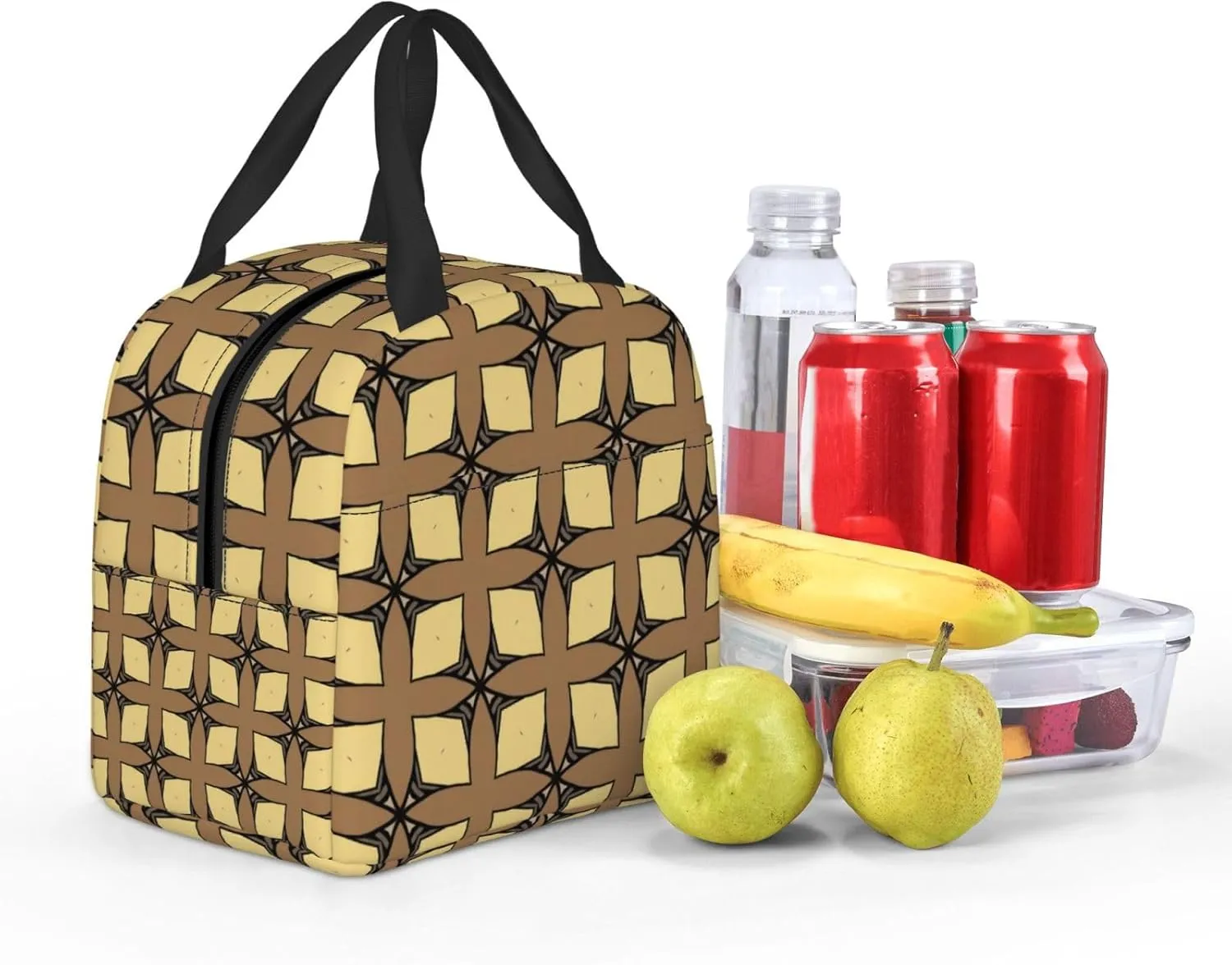 Prism Shaped Yellow Leaf Vein Pattern Lunch Bag, Large Capacity Reusable Insulated Cooler Lunch Container For Work Office Picnic Or Travel