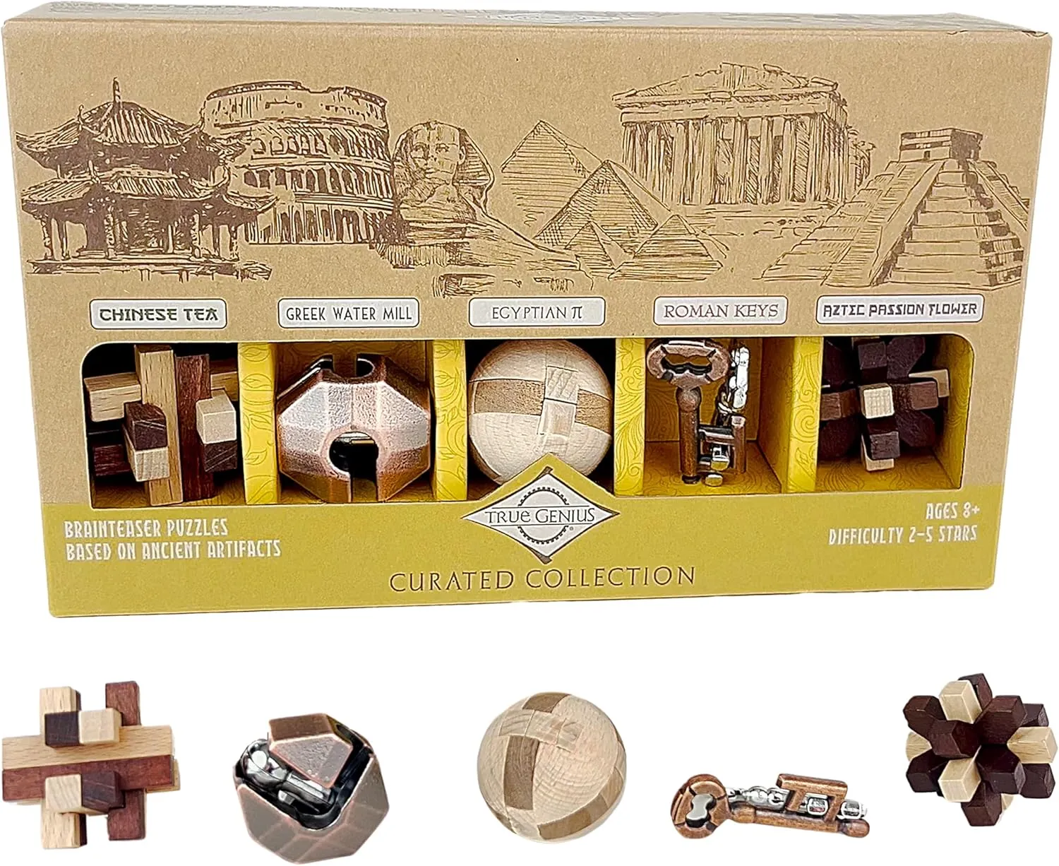 Project Genius Curated Collection Gift Set, 5 Premium Wood & Metal Puzzles, 3D Brainteaser Gift for Kids 8 , Teens, and Adults - True Genius Disassembly and Disentanglement Variety Pack