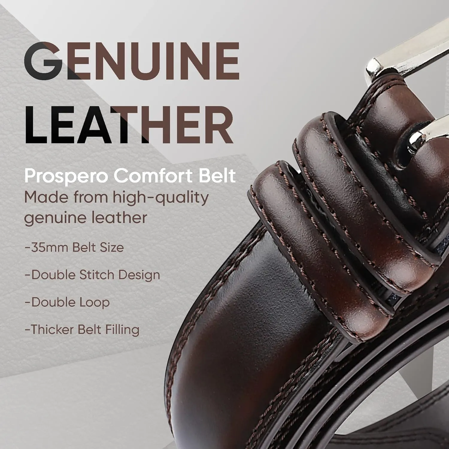 Prospero Comfort Men's Genuine Leather Belt 'ALL LEATHER' Classic Dress Casual Double Stitch 35mm