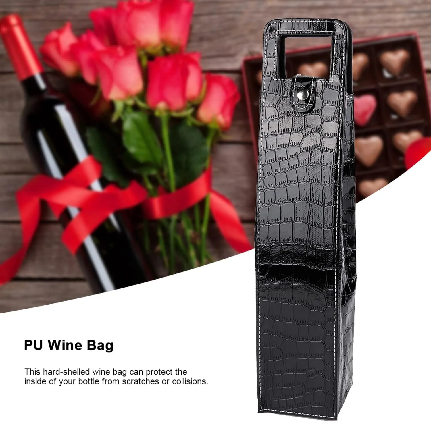PU Resuable Leather Wine Tote Bag, Wine Tote Bag Reusable Leather Wine Carrier Tote Wine Purse Case Holder Single Bottle Champagne Beer Bags Carrier for Wedding Birthday (black crocodile)