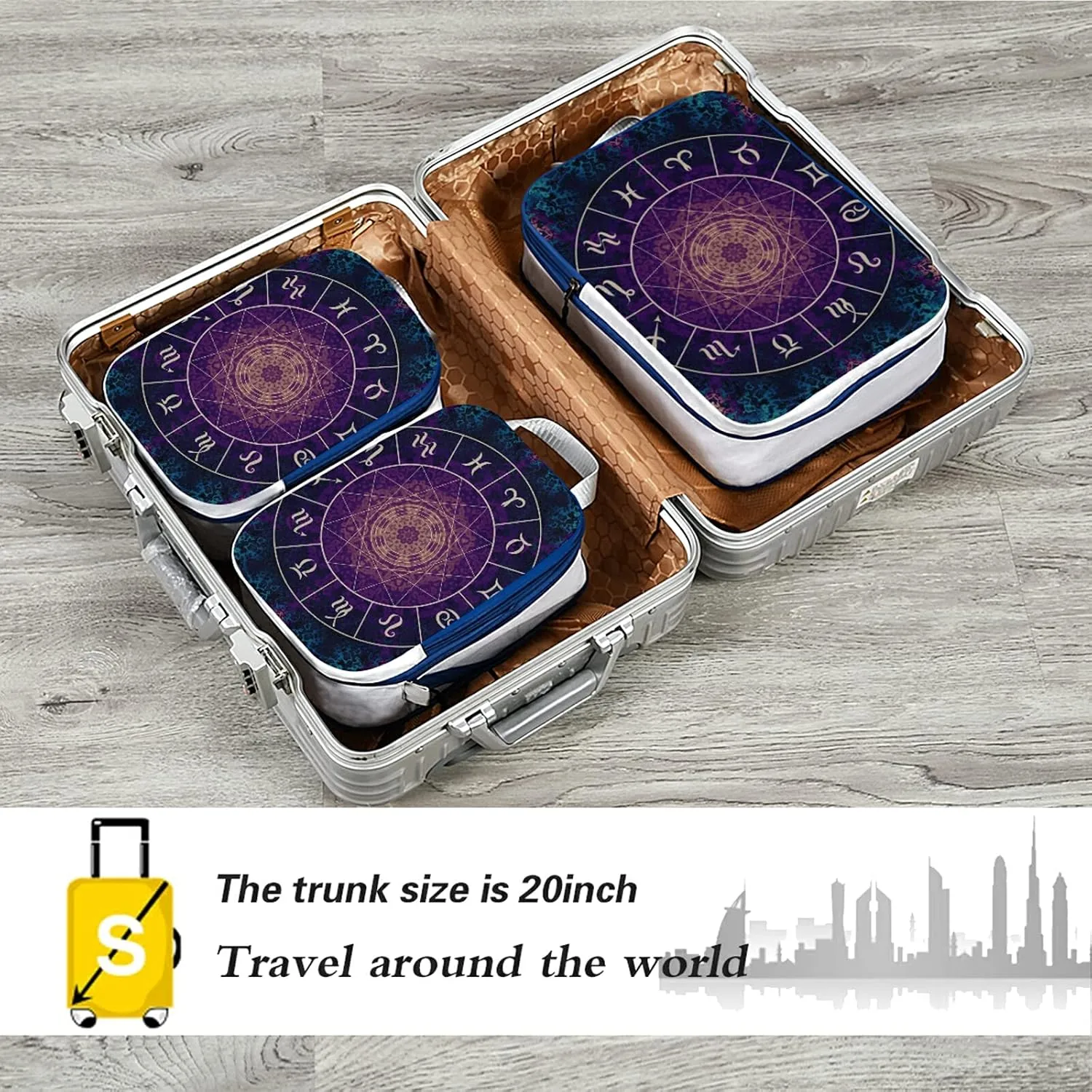 Purple Magic Circle with Zodiacs Sign on Abstract Mystic Background 3 Set Packing Cubes, Waterproof Check Oxford cloth Organizers, Travel Packing Toiletry Storage Bag