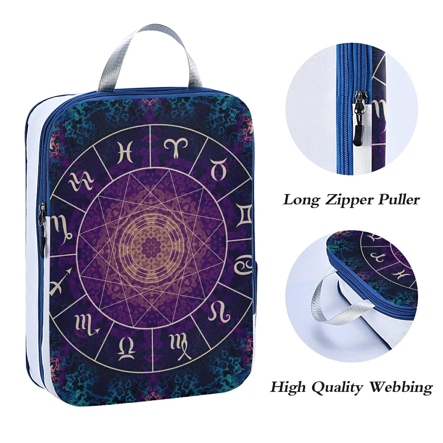 Purple Magic Circle with Zodiacs Sign on Abstract Mystic Background 3 Set Packing Cubes, Waterproof Check Oxford cloth Organizers, Travel Packing Toiletry Storage Bag