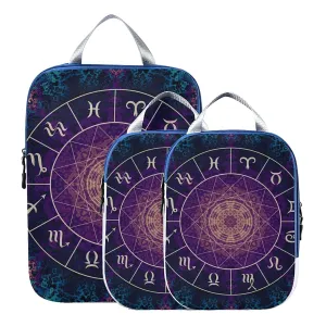 Purple Magic Circle with Zodiacs Sign on Abstract Mystic Background 3 Set Packing Cubes, Waterproof Check Oxford cloth Organizers, Travel Packing Toiletry Storage Bag