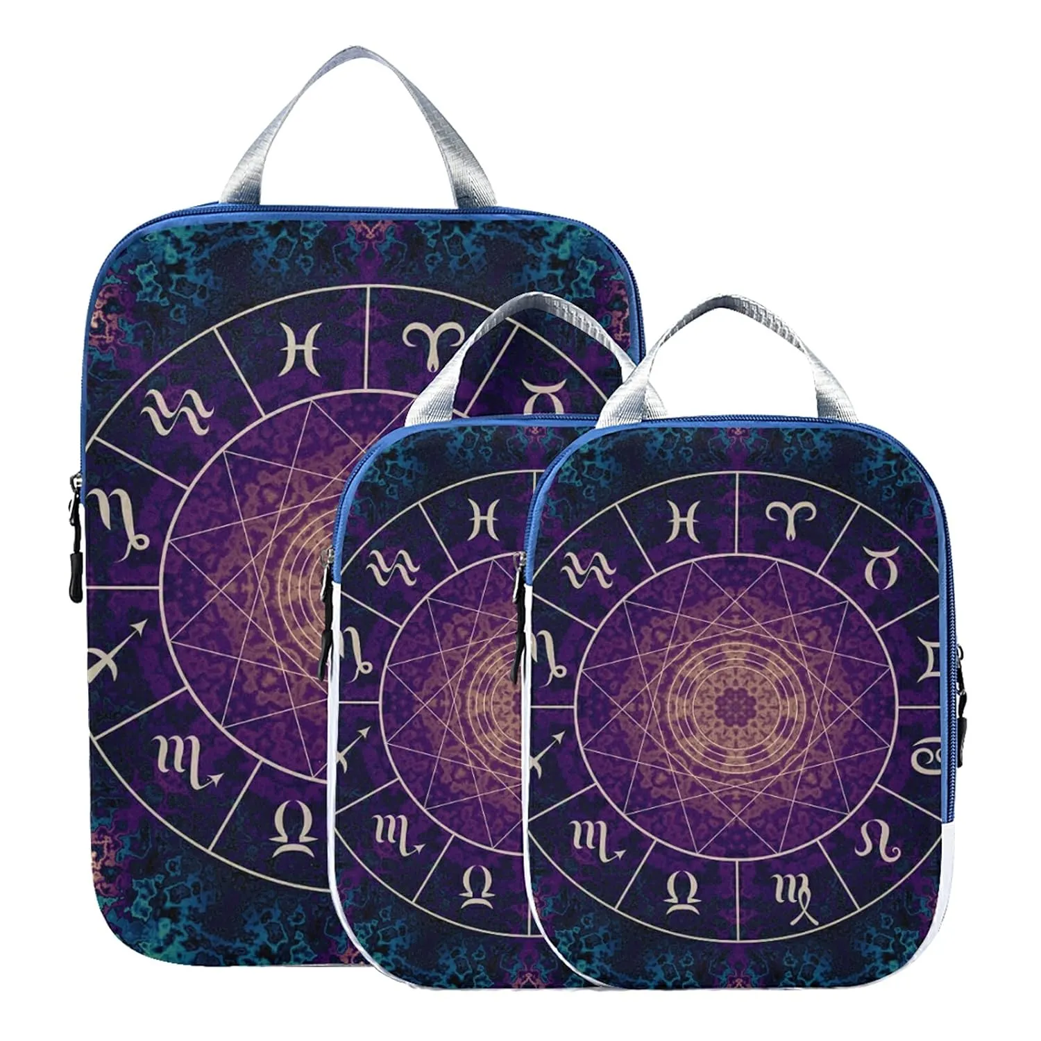 Purple Magic Circle with Zodiacs Sign on Abstract Mystic Background 3 Set Packing Cubes, Waterproof Check Oxford cloth Organizers, Travel Packing Toiletry Storage Bag