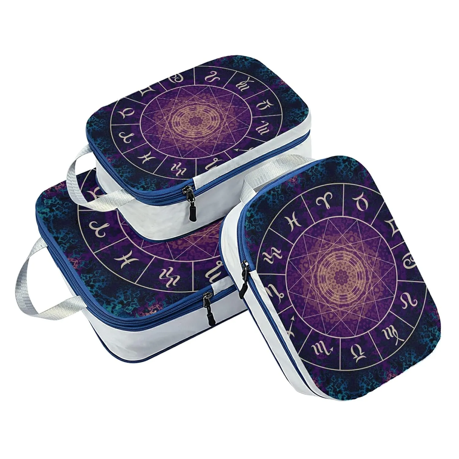 Purple Magic Circle with Zodiacs Sign on Abstract Mystic Background 3 Set Packing Cubes, Waterproof Check Oxford cloth Organizers, Travel Packing Toiletry Storage Bag
