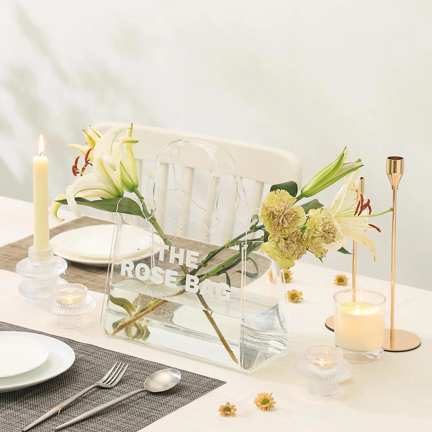 Purse Vase, Bag Vase for Flowers, White Acrylic Vase, Modern Flower Vase, Aesthetic Vase for Flowers, Decorative Tote Bag Vase for Wedding, Living Room, Bedroom, Table, Office(Tote Bag)