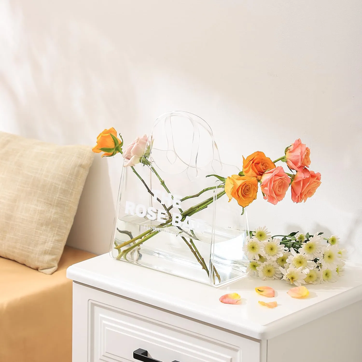 Purse Vase, Bag Vase for Flowers, White Acrylic Vase, Modern Flower Vase, Aesthetic Vase for Flowers, Decorative Tote Bag Vase for Wedding, Living Room, Bedroom, Table, Office(Tote Bag)