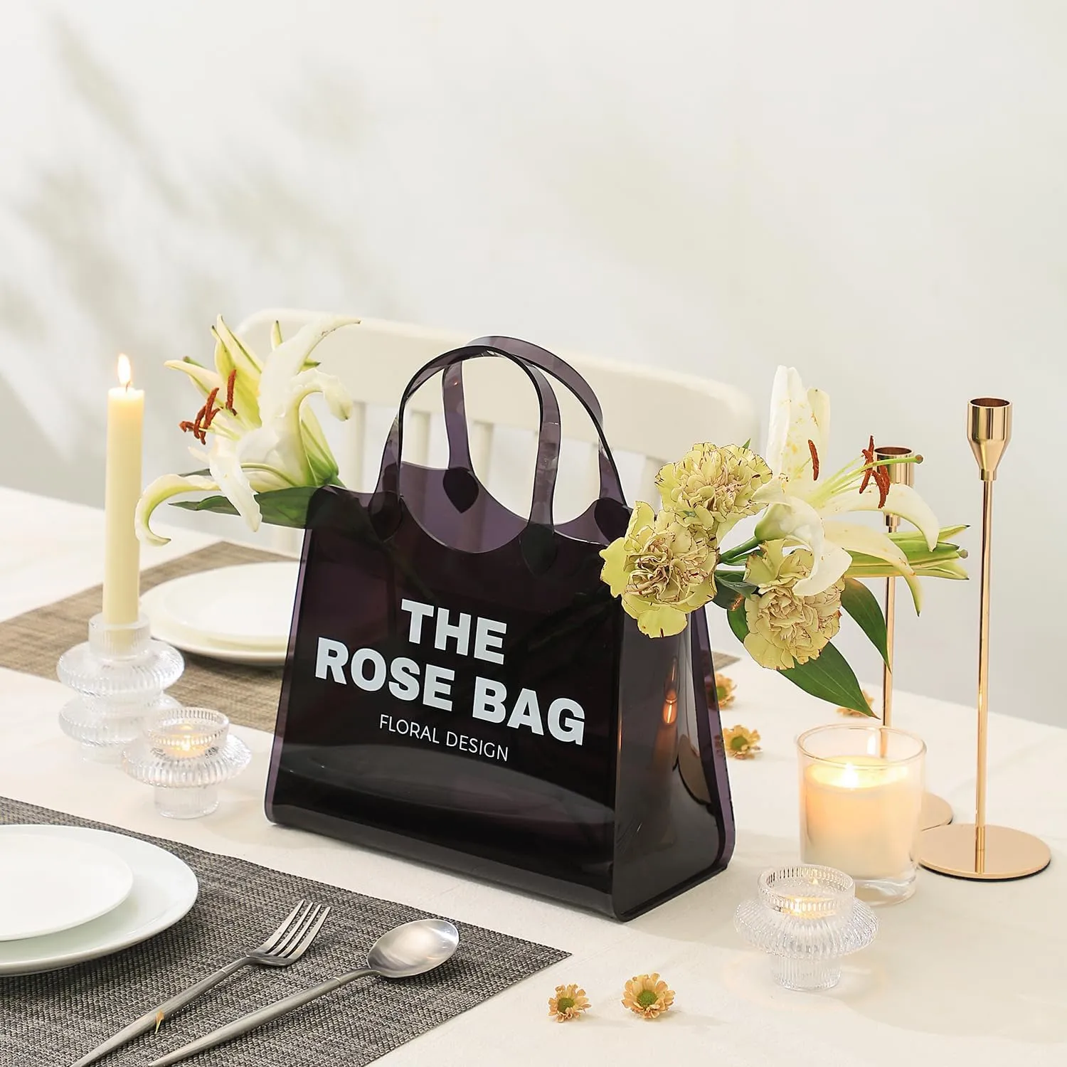 Purse Vase, Bag Vases for Flowers, Black Acrylic Bag Vases, Decorative Tote Bag Vase for Wedding, Living Room, Bedroom, Table, Office(Tote Bag)