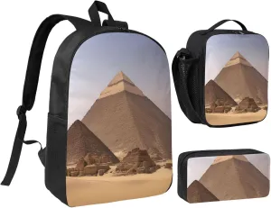 Pyramids of Egypt print Backpack Set Casual Shoulder Bag Lunch Bag Pen Pouch 3 in 1 Set 17inch for Women Men College