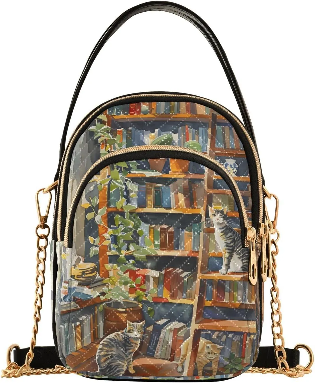 Quilted Crossbody Bags for Women,Cats Playing Bookshelf Women's Crossbody Handbags Small Travel Purses Phone Bag
