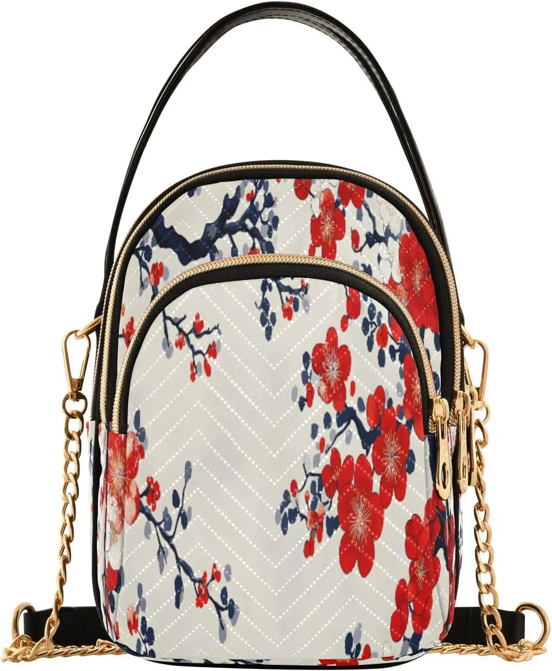 Quilted Crossbody Bags for Women,Chinese Art Cherry Blossom Women's Crossbody Handbags Small Travel Purses Phone Bag