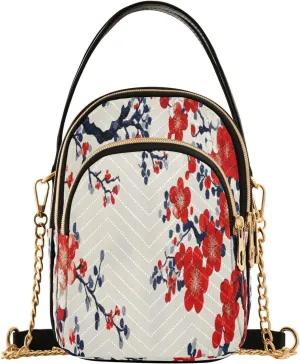 Quilted Crossbody Bags for Women,Chinese Art Cherry Blossom Women's Crossbody Handbags Small Travel Purses Phone Bag