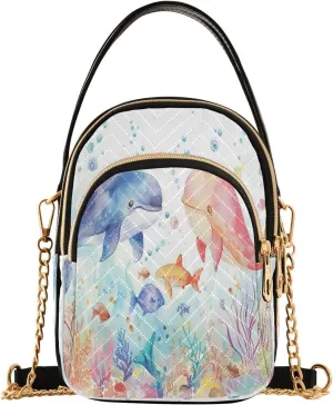 Quilted Crossbody Bags for Women,Cute Whales and Coral Reefs Women's Crossbody Handbags Small Travel Purses Phone Bag