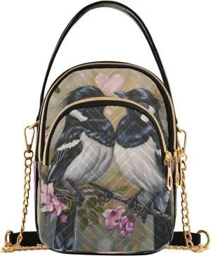 Quilted Crossbody Bags for Women,Two Birds with Flower Romantic Background Women's Crossbody Handbags Small Travel Purses Phone Bag