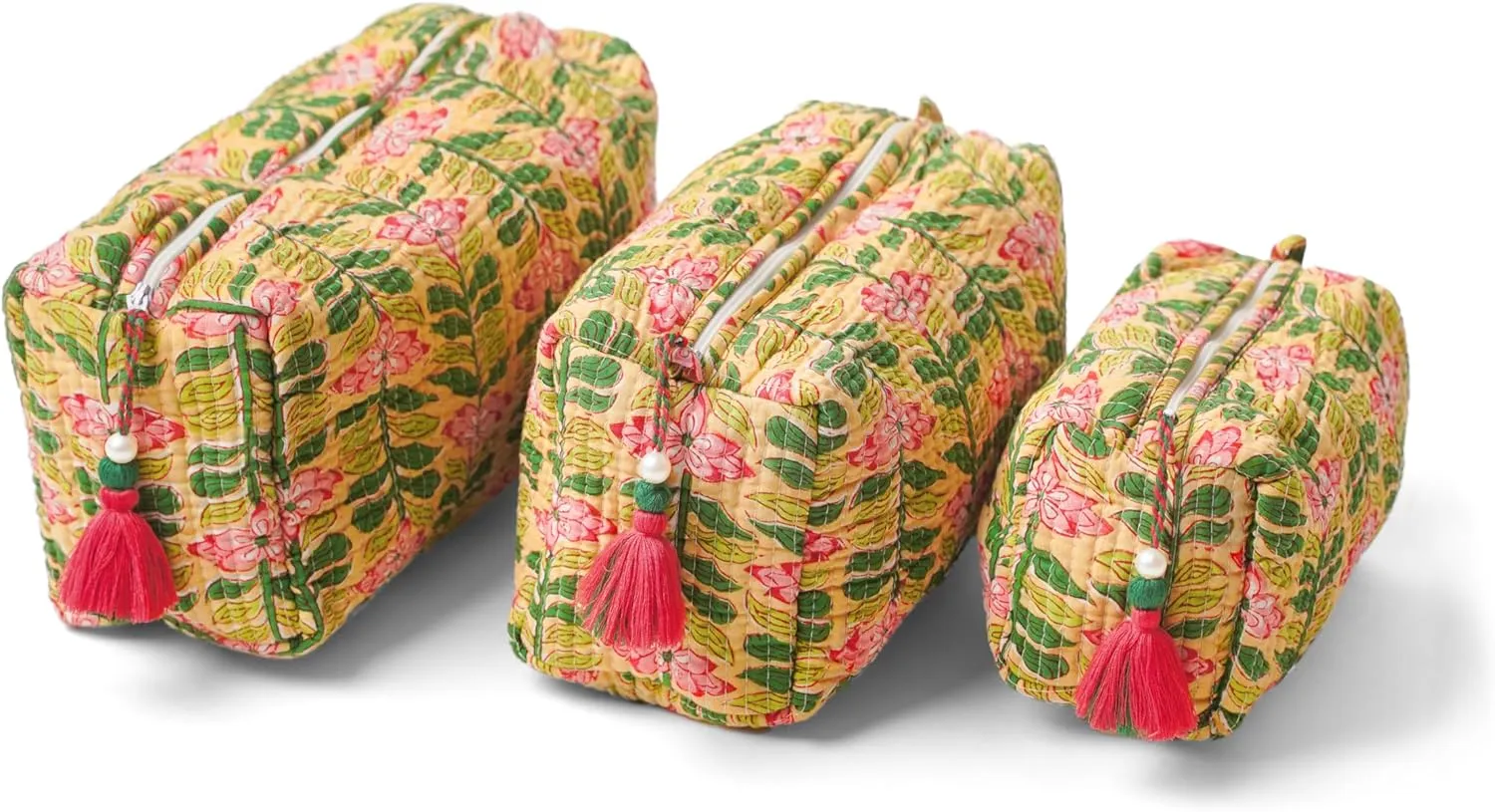 Quilted Floral Makeup Bag Set – Madagascar Prewinkle Butter Pattern 3 Sizes, Waterproof Lining, Make Up Travel Cosmetic & Toiletry Bags For Traveling Women