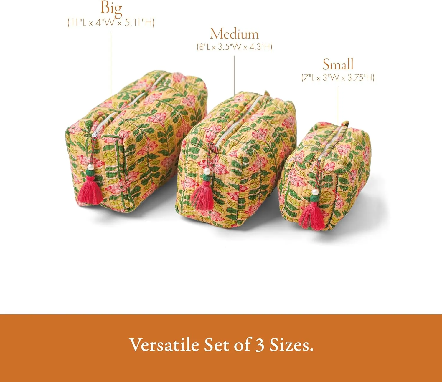 Quilted Floral Makeup Bag Set – Madagascar Prewinkle Butter Pattern 3 Sizes, Waterproof Lining, Make Up Travel Cosmetic & Toiletry Bags For Traveling Women