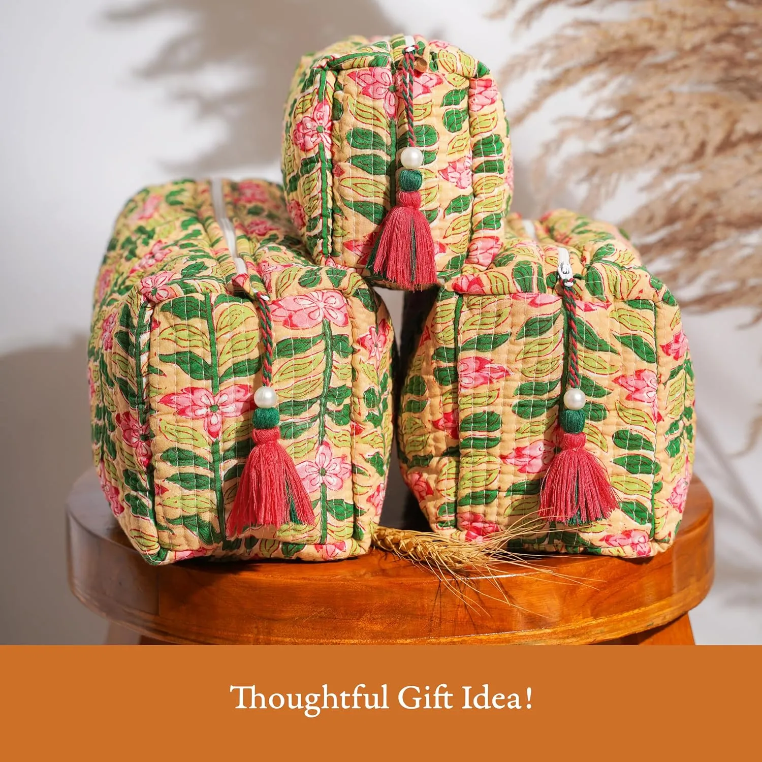 Quilted Floral Makeup Bag Set – Madagascar Prewinkle Butter Pattern 3 Sizes, Waterproof Lining, Make Up Travel Cosmetic & Toiletry Bags For Traveling Women