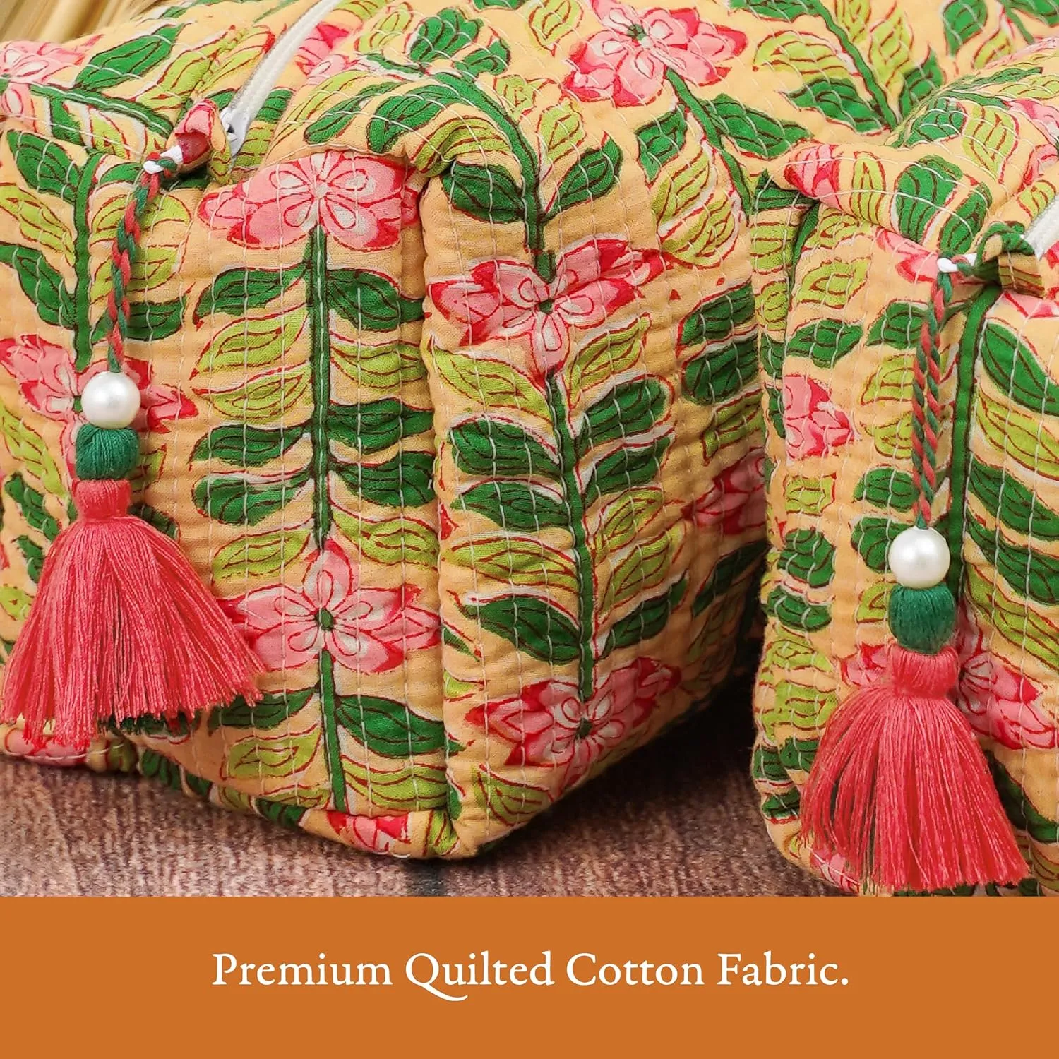 Quilted Floral Makeup Bag Set – Madagascar Prewinkle Butter Pattern 3 Sizes, Waterproof Lining, Make Up Travel Cosmetic & Toiletry Bags For Traveling Women