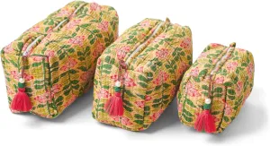 Quilted Floral Makeup Bag Set – Madagascar Prewinkle Butter Pattern 3 Sizes, Waterproof Lining, Make Up Travel Cosmetic & Toiletry Bags For Traveling Women