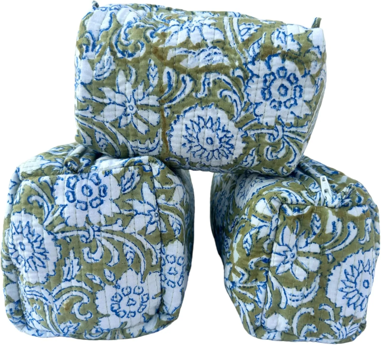Quilted Makeup Bag for Women,Floral Cotton Cosmetic Bag,Coquette Aesthetic Floral Toiletry Organizer Bag,Toiltery Bag Pouch (Blue_green_flower-19)